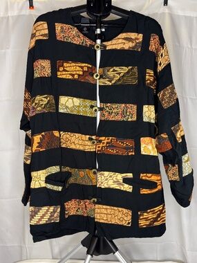 Blue Hand  Hand Made In Bali Traditional Patten Long Sleeve Button Shirt Sz M/L